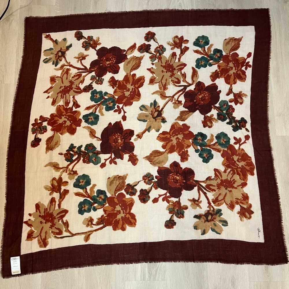 Sezane Cream Floral Square Scarf with Burgundy Border and Teal Accents